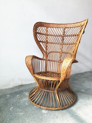 Lounge Chair Sculptural Wingback Flared Pedestal Base Italian Rattan