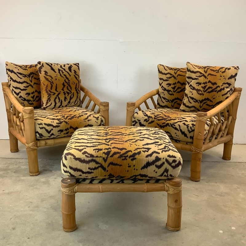 Lounge Chair Set Tiger Print Lashed Joints Matching Ottoman Warm Amber