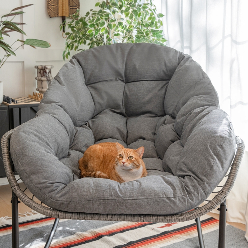 Lounge Chair with woven rim and grey cushion; grey tufted papasan chair.