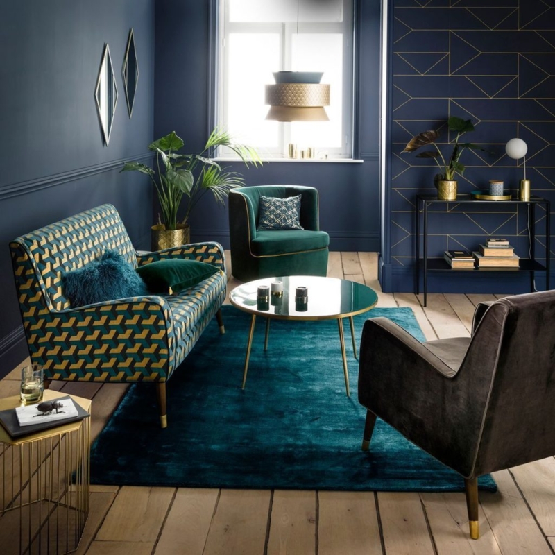 Lounge Room Teal And Gold Geometric Upholstery Brass Accents Art Deco