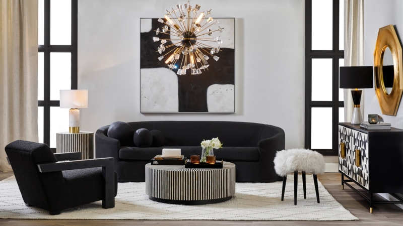 Lounge Set Modern Art Deco Geometric Sideboard Fluted Tables Shaggy Texture