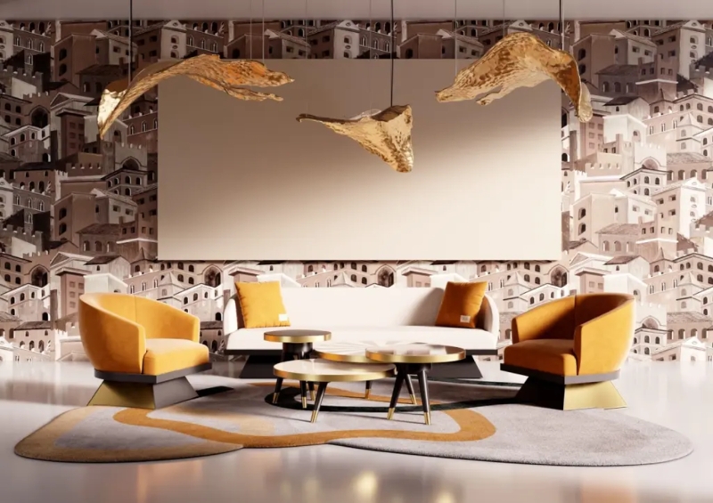 Lounge Set Molten Gold Lighting Cityscape Wallpaper Mustard Barrel Chairs