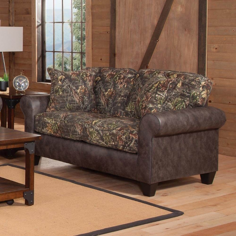 Loveseat: Camo and Leather Loveseat with Rolled Arms for Cabin Decor