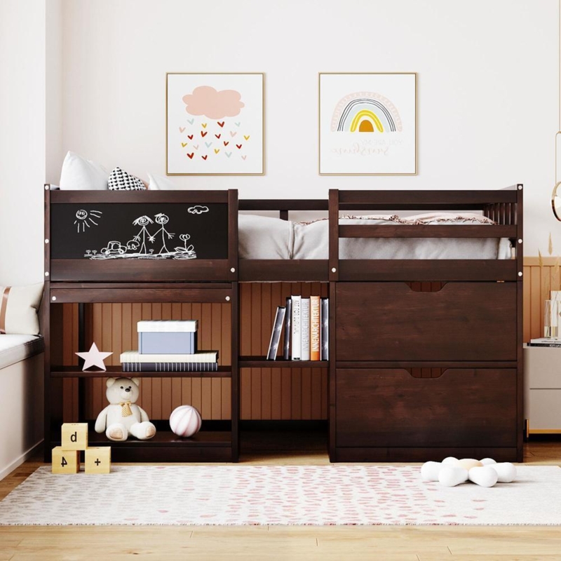 Low Loft Bed in Espresso Finish featuring Chalkboard Panel and Drawers