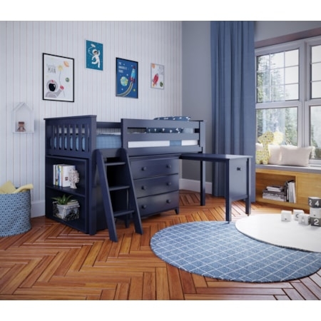 Low Loft Bed in Navy Blue with Pull-Out Desk, Dresser, and Bookcase