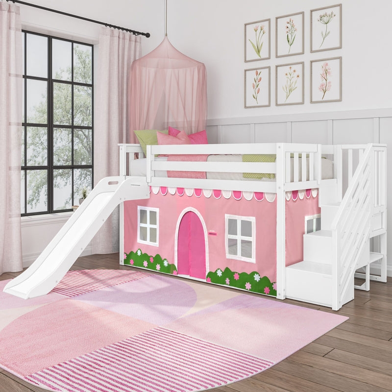 Low Loft Bed with Pink Farmhouse Playhouse Curtain and Slide