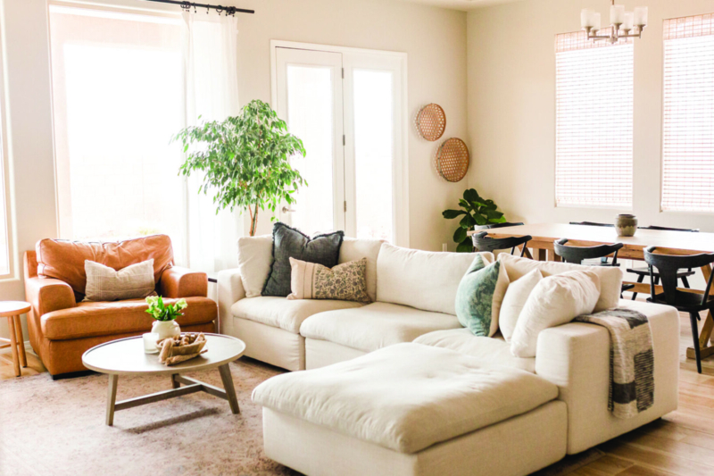 Low Profile Sectional Sofa Cognac Leather Accent Open Plan Design