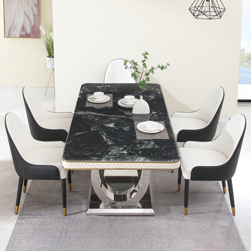 Luxury Dining Set: Black Marble Quilted Gold Edge Trim Chrome Base