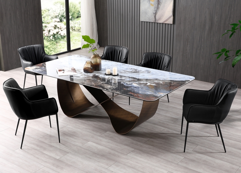 Luxury Dining Table with Ceramic Marbled Top and Ribbon Base