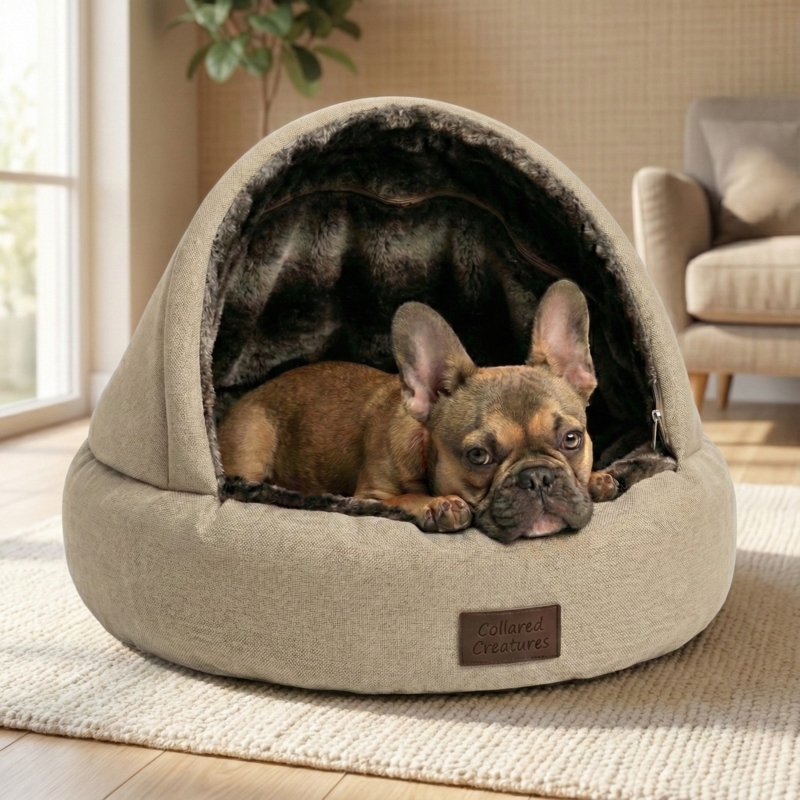 Luxury Faux Fur Cave Bed in Warm Beige with Bolster Sides and Cocoon