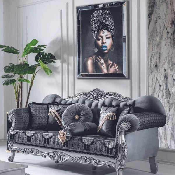 Luxury Sofa Neo-Classical Ornate Silver Carving Charcoal Velvet Tassels