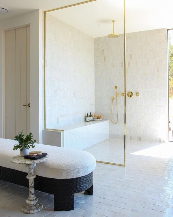 Luxury Walk-In Shower Bench with Textured White Tile