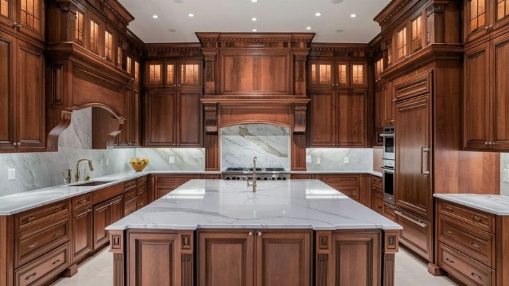 Luxury Wood Cabinetry with Ornate Wood Range Hood