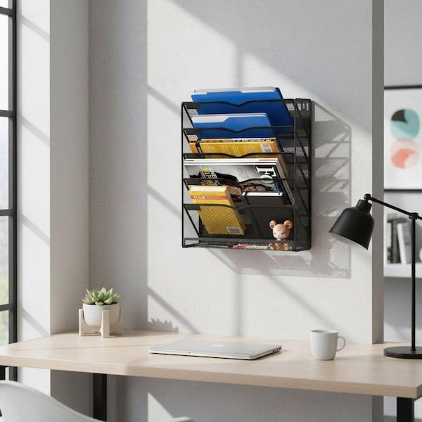 Magazine Rack 6-Tier Mesh Wall Organizer Angled Slots Bottom Tray