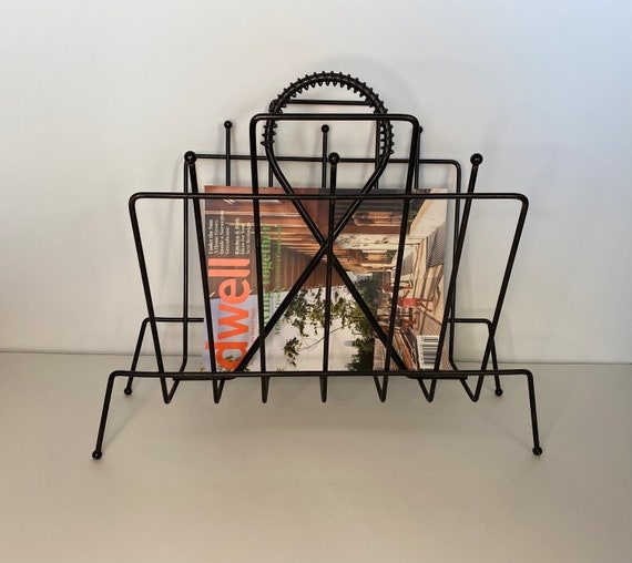 Magazine Rack Atomic Mid Century Coiled Grip Ball Feet Black Wire
