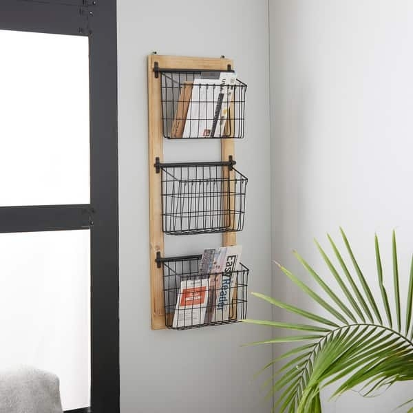 Magazine Rack Farmhouse 3-Tier Suspended Wire Baskets Wood Frame