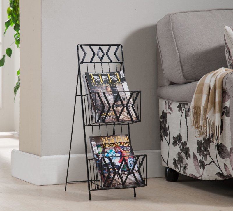 Magazine Rack Geometric Diamond Accents 2-Tier A-Frame Stand Black