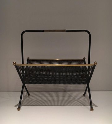 Magazine Rack Mid-Century Ball Finials Brass Accents Perforated Mesh