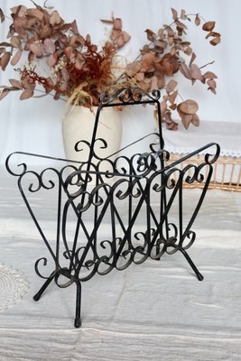 Magazine Rack Vintage Scrollwork Details Central Handle Tapered Legs