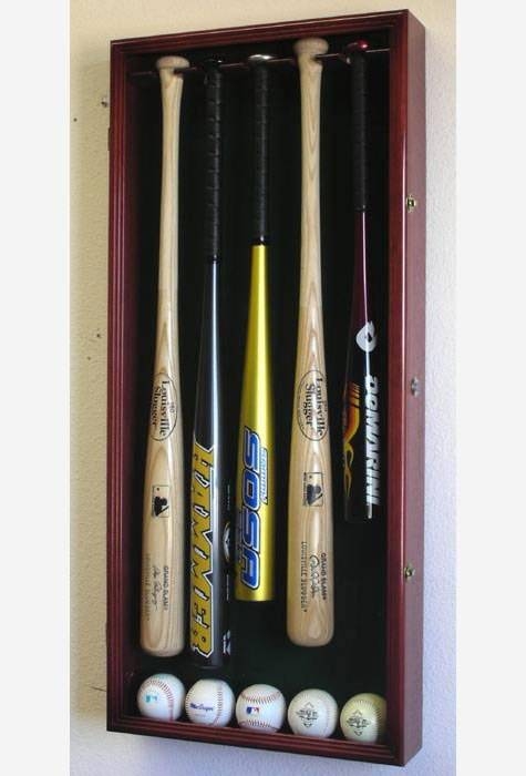 Mahogany Bat Display Case holding Five Bats with Green Lining