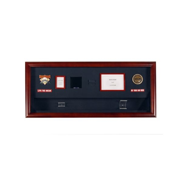 Mahogany Memorabilia Frame with Navy Blue Felt and Bat Brackets