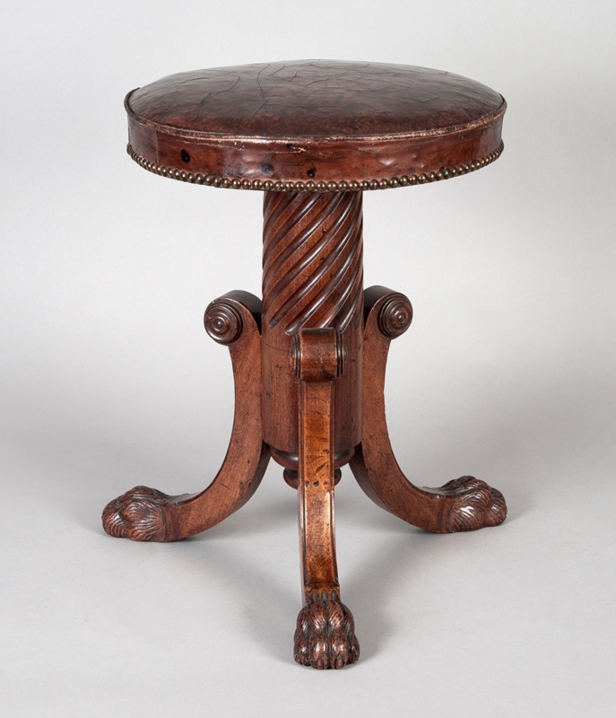 Mahogany Piano Stool Regency Revolving Spiral Pedestal Hairy Paw Feet