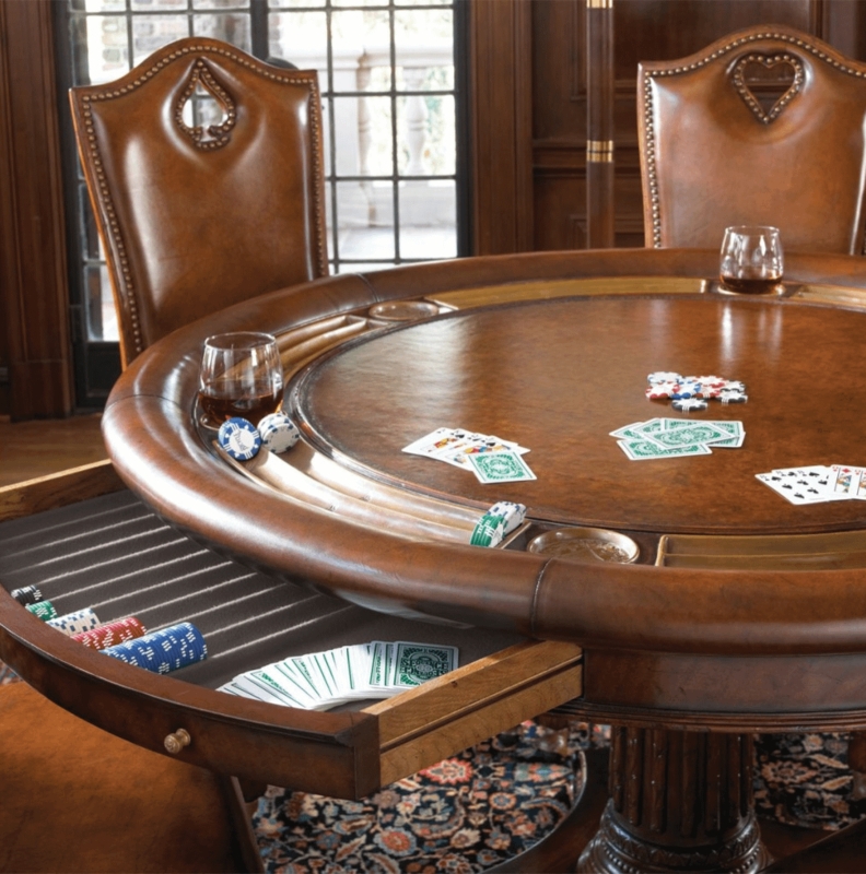 Mahogany Poker Table Set with Decorative Cutouts and Integrated Storage