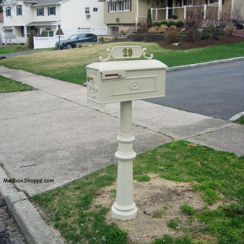 Mailbox Almond Cream Fleur De Lis Emblem Fluted Pedestal