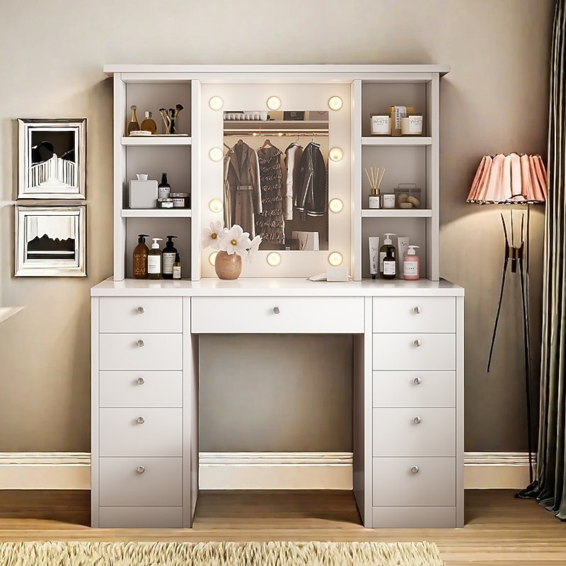 Makeup Vanity 11 Drawers Hollywood Bulbs Symmetrical Hutch