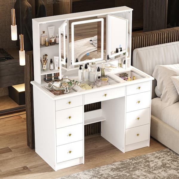 Makeup Vanity 9-Drawer Glass Top Tri-Fold LED Mirror
