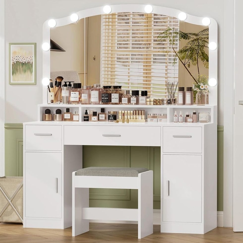 Makeup Vanity Arched Hollywood Mirror White Dual Cabinets Stool