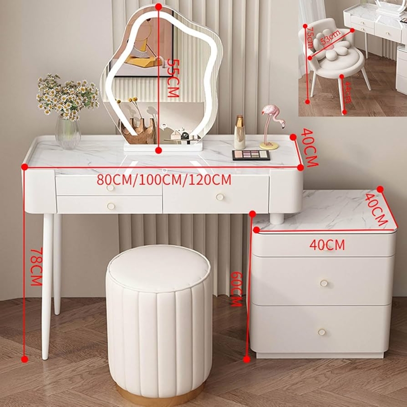 Makeup Vanity Asymmetrical LED Mirror Ribbed Ottoman Marble