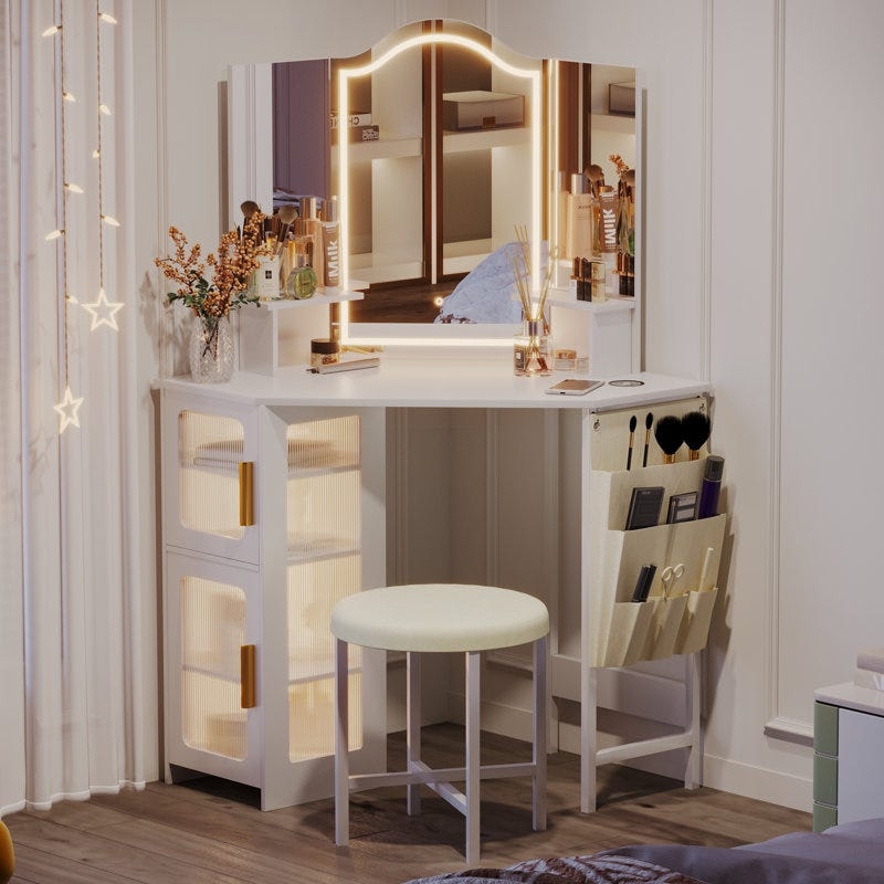 Makeup Vanity Corner White Ribbed Glass Doors LED Tri-Fold Mirror