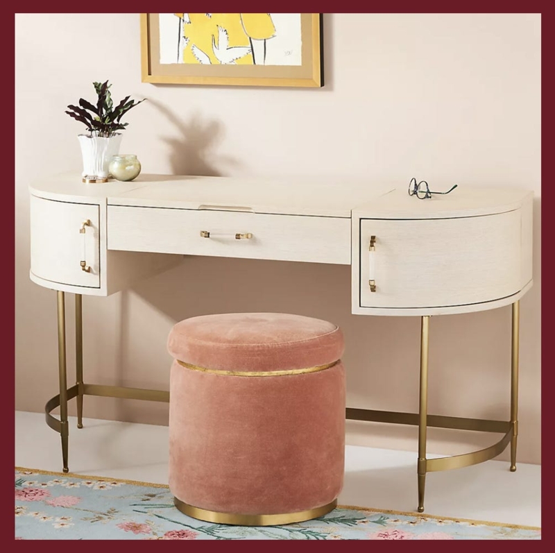 Makeup Vanity Curved Cream Brass Legs Pink Velvet Stool