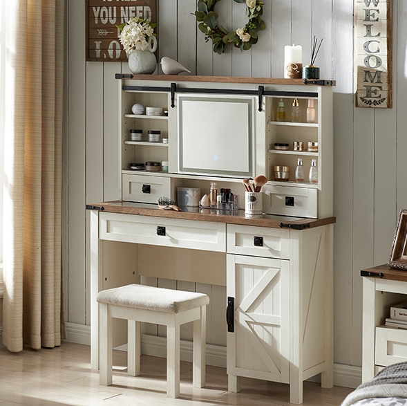 Makeup Vanity Farmhouse Whitewashed Sliding Barn Door Mirror Hutch