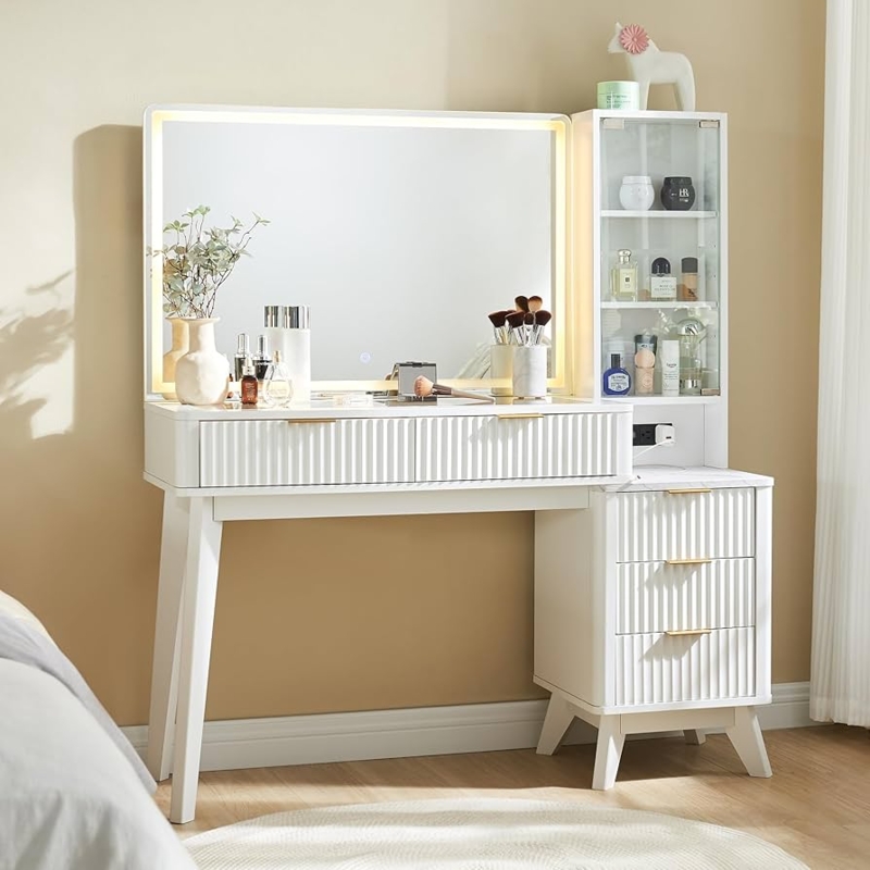 Makeup Vanity Fluted Drawers White Charging Station LED Mirror