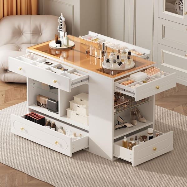 Makeup Vanity Island Dresser Amber Glass Top Jewelry Storage
