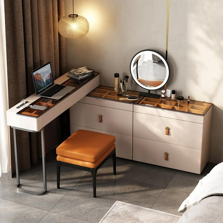 Makeup Vanity L-Shaped Retractable Cognac Stool Corrugated