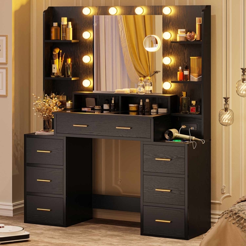 Makeup Vanity Matte Black Glass Top 7-Drawer Power Strip Lighted