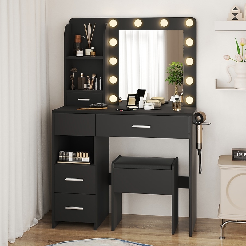 Makeup Vanity Matte Black Hollywood Mirror 5-Drawer Hairdryer Holder