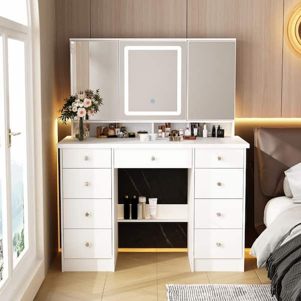 Makeup Vanity Nine Drawers LED Mirror Dark Veined Backdrop