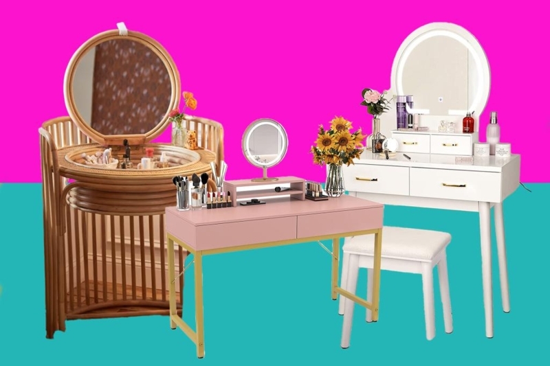 Makeup Vanity Pink Rattan Texture Gold Legs Flip-Top Mirror Boho