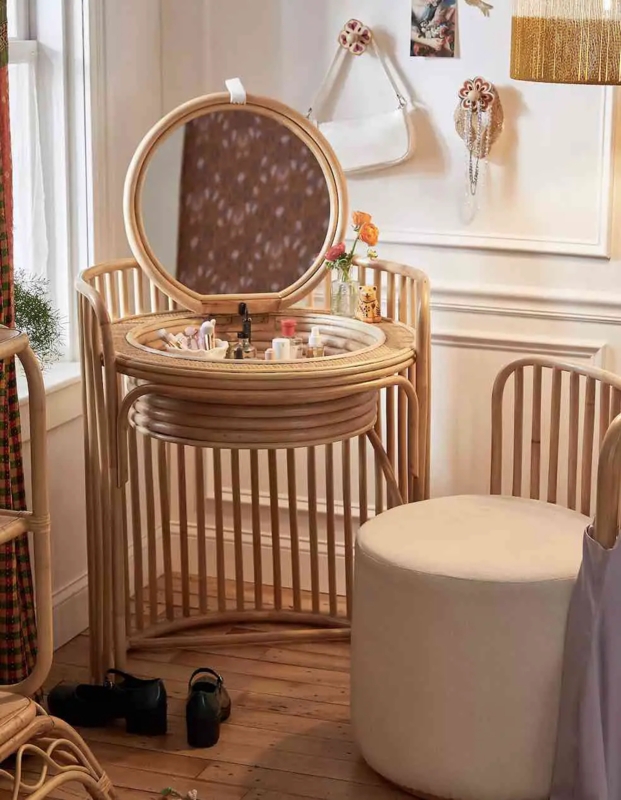 Makeup Vanity Rattan Flip-Top Mirror Slatted Base Boho Style