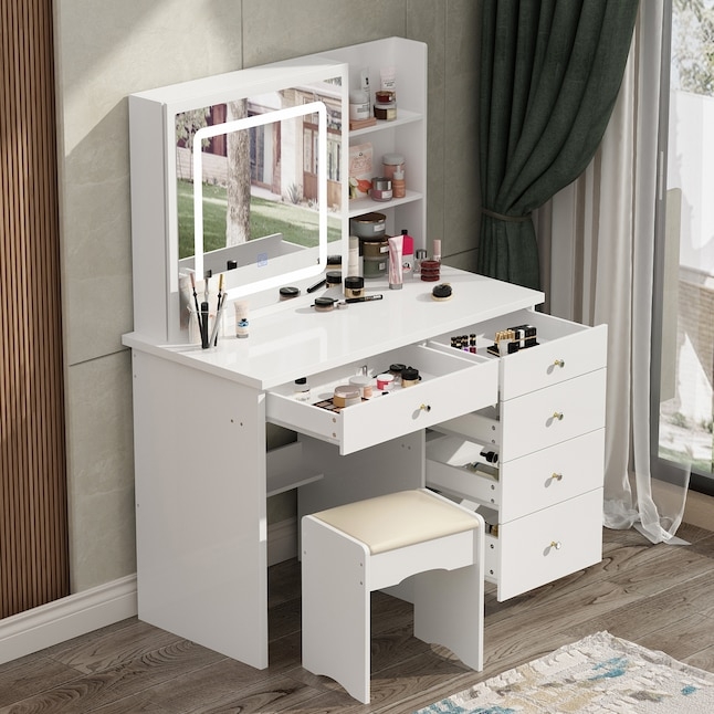 Makeup Vanity Set 5 Drawers Side Shelves LED Mirror White