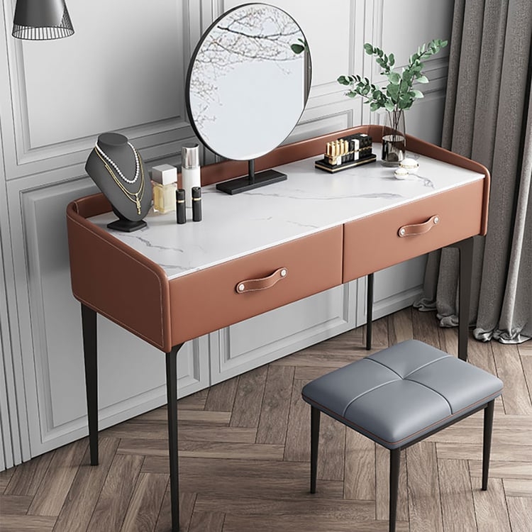 Makeup Vanity Set Burnt Orange Leather Sintered Stone Top