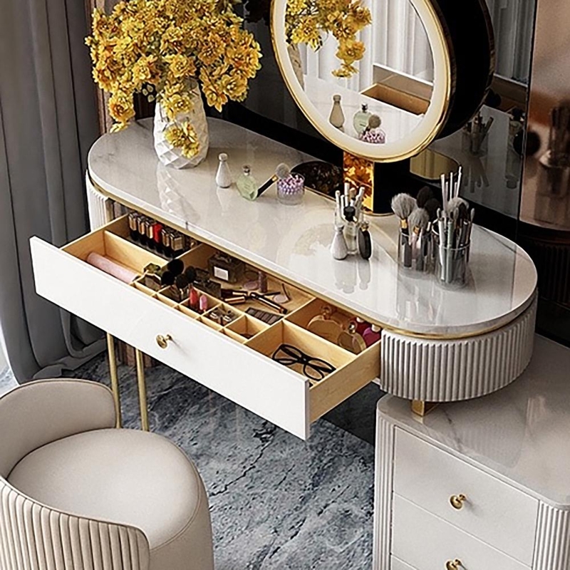 Makeup Vanity Set Fluted Details Lighted Mirror Side Cabinet