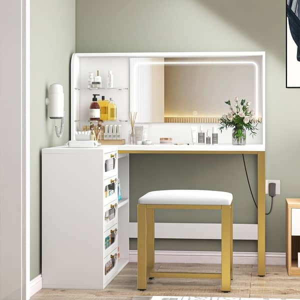 Makeup Vanity Set L-Shaped Gold Translucent Drawers Lighted