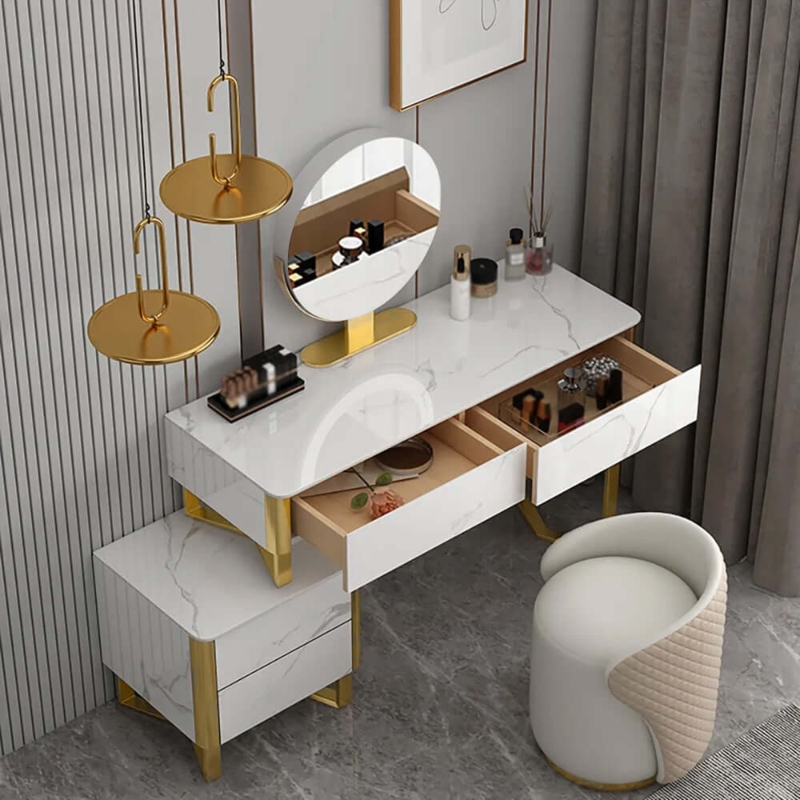 Makeup Vanity Set White Stone Top Quilted Stool Side Cabinet