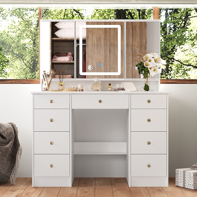 Makeup Vanity Sliding Mirror Storage 9 Drawers Crystal Knobs