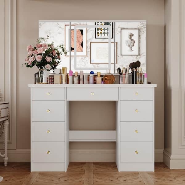 Makeup Vanity Triple Mirror Hidden Storage 9 Drawers White